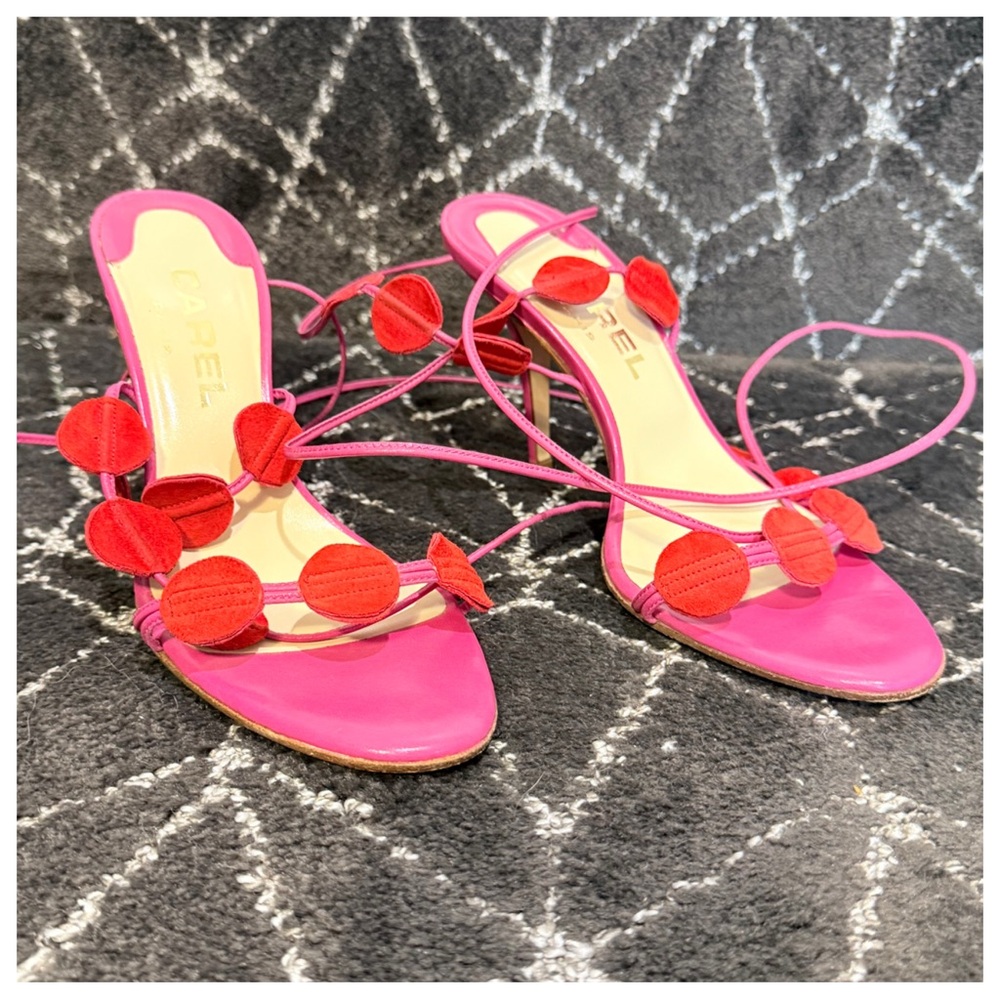 Bright Pink Lace-Up Heeled Sandals with Red Dot Accents